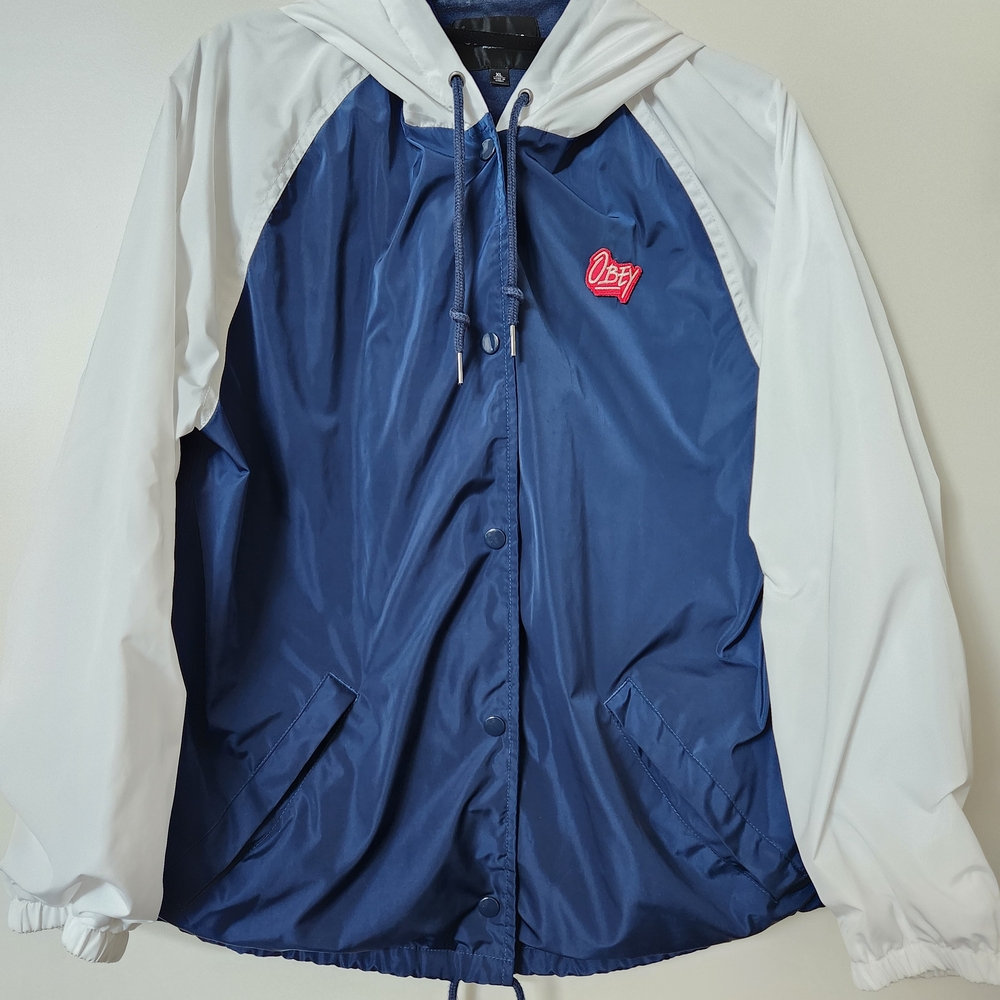 Obey No89 Woman's Navy and White Hooded Windbreaker Jacket In XL